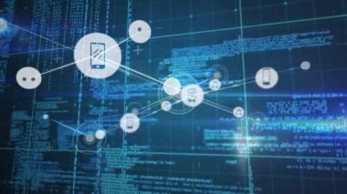 Mavi arka planda veri işleme ve simgelerin canlandırılması. küresel iş ve dijital arayüz kavramı dijital olarak oluşturulmuş video.