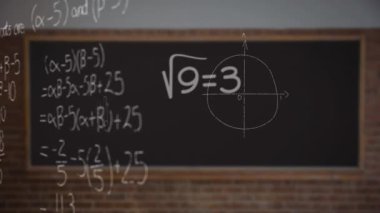 Animation of math formulas over blackboard. School, math, science and education concept digitally generated video.