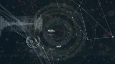 Siyah arkaplanda tarama kapsamı üzerinde veri işleme ile bağlantı ağının animasyonu. Küresel teknoloji, bağlantılar ve dijital arayüz konsepti dijital olarak oluşturulmuş video.