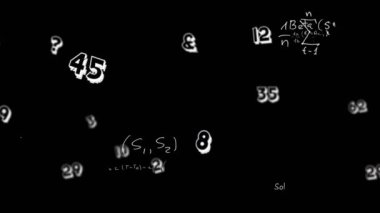 Animation of math formulas and numbers on black background. Science, math, data processing and technology concept digitally generated video.