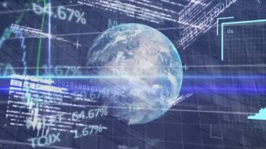 Animation of changing profile icons over stock market data processing and globe on blue background. Global finance and business technology concept