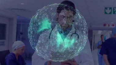 Animation of globe of connections and light trails over diverse doctors. Global medicine, healthcare and digital interface concept digitally generated video.