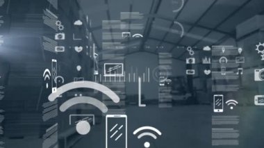 Animation of shapes and icons over server room. Global network social media connections technology and digital interface concept digitally generated video.