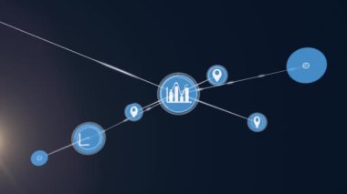 Animation of network of connections with icons and light trails over black background. Global connections, computing and digital interface concept digitally generated video.