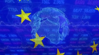 Animation of globe over flag of eu and stock market. Global business, finances and digital interface concept digitally generated video.