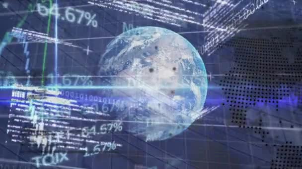 Animation Financial Stock Market Data Processing Spinning Globe Tall Building — Vídeos de Stock