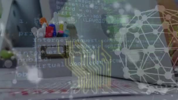 Animation Data Processing Spinning Globe Mid Section Boy Using Laptop — Vídeo de stock