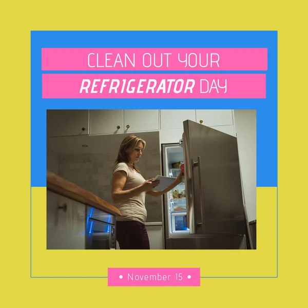 Image of clean out you refrigerator day over caucasian woman looking into fridge. Household, cleaning and food concept.