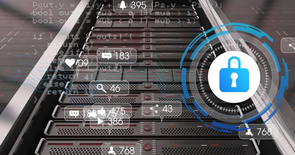 Image of media and padlock icons over server room. Global technology and digital interface concept digitally generated image