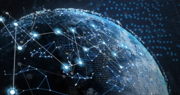 Image of connections and globe on black background. Global network, data, communication and technology concept digitally generated image.