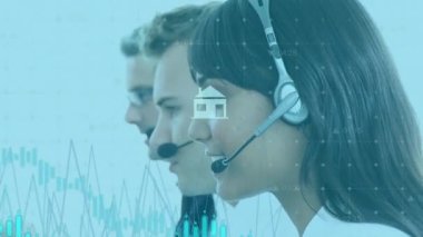 Animation of data processing and icons over diverse business people using phone headset. Global business, computing and digital interface concept digitally generated video.