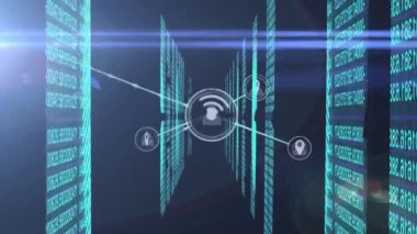 Animation of moving profile, gps and computer network icons connecting with lines over binary codes. Digitally generated, social media, internet, direction, data and technology.