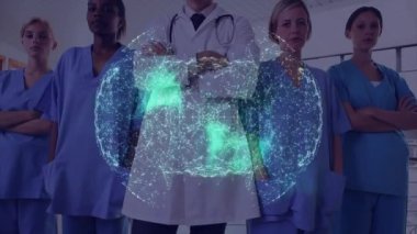 Animation of globe of connections and light trails over diverse doctors. Global medicine, healthcare and digital interface concept digitally generated video.