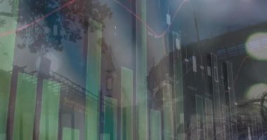 Animation of statistical data processing against construction site. Architecture engineering and business data technology concept