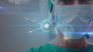 Animation of network of connections over caucasian female surgeon. Health, medicine, connections and technology concept digitally generated video.