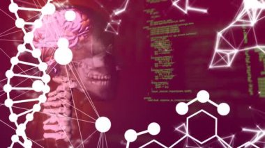 Animation of chemical formula and dna strand over digital head and data processing. Global science, computing and digital interface concept digitally generated video.