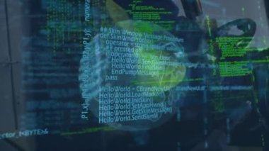 Animation of data processing and globe over caucasian male worker. Global business and digital interface concept digitally generated video.