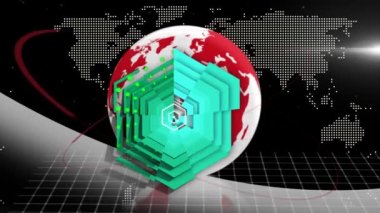 Animation of green shapes over globe and world map on black background. Global technology, computing and digital interface concept digitally generated video.