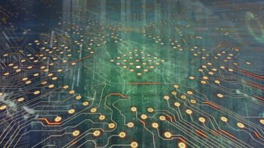 Animation of computer circuit board with world map and data processing over server room. Global technology, computing and digital interface concept digitally generated video.