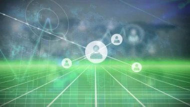 Veri işleme üzerine simgelerle bağlantı ağının animasyonu. küresel iş ve dijital arayüz kavramı dijital olarak oluşturulmuş video.