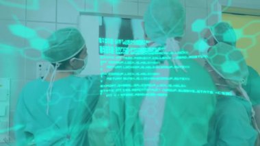 Animation of data processing over diverse surgeons inspecting xray. Global medicine and digital interface concept digitally generated video.