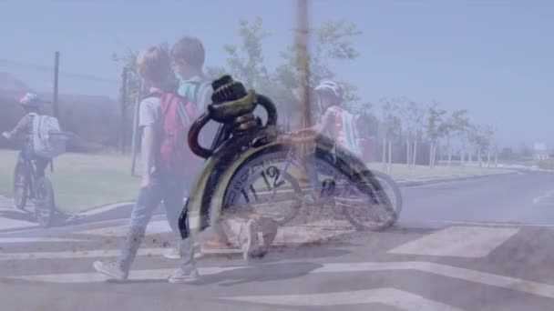 Composite Video Sand Falling Stopwatch School Kids Crossing Street School — Stock Video