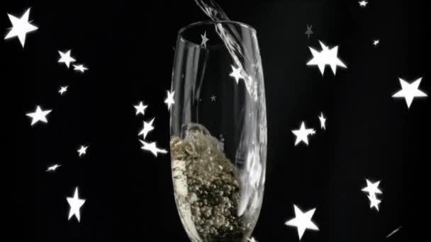 Animation White Stars Glass Champagne Black Background Party Celebration Concept — Vídeo de Stock