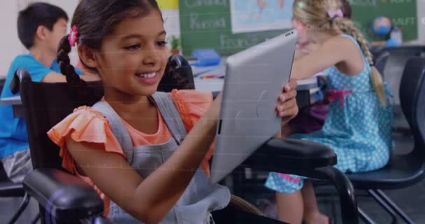 Animation Financial Graphs Happy Biracial Girl Using Tablet School School — Wideo stockowe