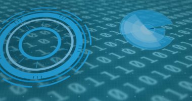 Mavi arkaplan üzerinde asma kilit simgesi olan veri işleme resmi. Küresel teknoloji ve dijital arayüz konsepti dijital olarak oluşturuldu