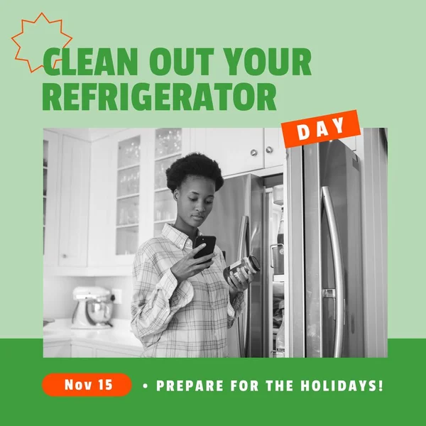 Image of clean out you refrigerator today over african american at fridge. Household, cleaning and food concept.