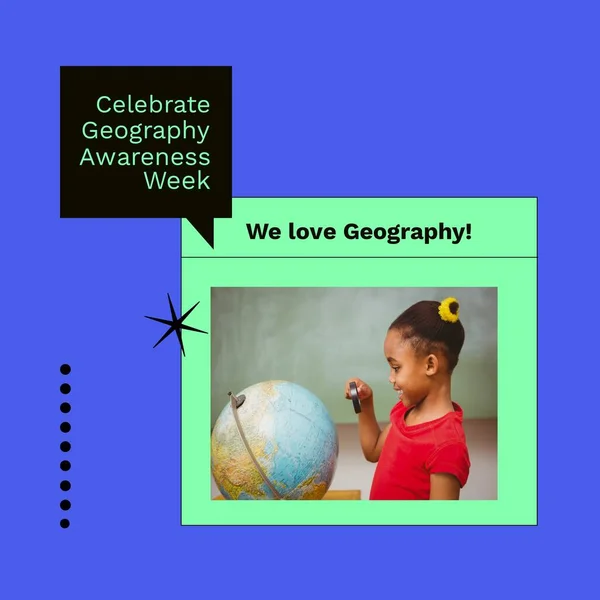 我们喜欢地理而不是快乐的非洲裔美国女孩与全球的形象 地理意识周 学校和教育概念 — 图库照片