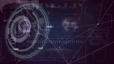 Animation of counting, processing circle, data and connections on navy background. Network, connections, data processing and digital interface concept digitally generated video.