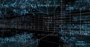 Animation of digital screen with data and math formulas on black background. Science, math, knowledge and education concept digitally generated video.