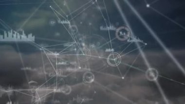 Animation of network of connections over clouds in the sky. Global networking and cloud storage technology concept