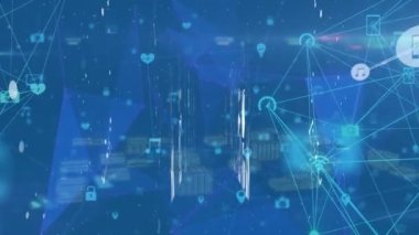Digital animation of phone and music icons connecting with graphical lines over rotating buildings. Hologram, multiple exposure, social media, global network, futuristic and technology concept.
