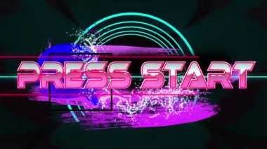 Animation of press chart text with lines, thought bubble, banner over illuminated circle, copy space. Graphic, pushing, digitally generated, abstract, video game, futuristic and technology concept.
