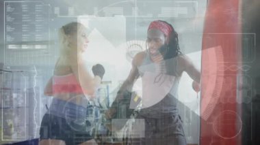 Afrika kökenli Amerikan koçuyla birlikte spor salonunda beyaz kadın boksör üzerinde veri işleme animasyonu. Küresel spor ve dijital arayüz kavramı dijital olarak oluşturulmuş video.