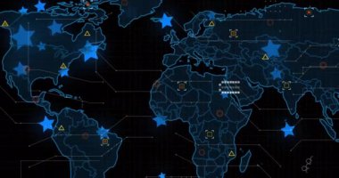 Digital animation of blue star icons over data processing and world map against black background. Global networking and business technology concept