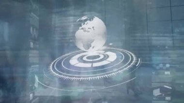 Animation of globe, statistics and financial data over pedestrians walking fast. Global business, data processing and digital interface concept digitally generated video.