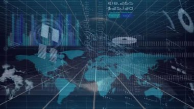 Animation of globe over world map with data processing on black background. Global technology, connections and digital interface concept digitally generated video.