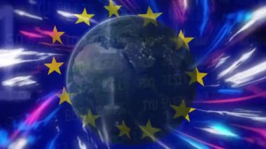 Animation of light trails and globe over flag of eu and stock market. Global business, finances and digital interface concept digitally generated video.