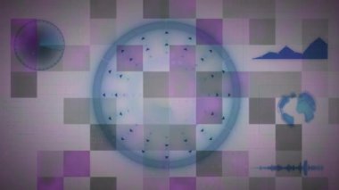 Animation of shapes, globe and graphs on space with purple squares. Data processing, science and technology concept digitally generated video.