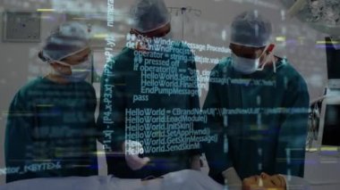 Animation of data processing over diverse doctors and patient. Global medicine, healthcare and digital interface concept digitally generated video.