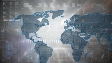 Gri arkaplan ile veri işleme arayüzü üzerinde dünya haritasının animasyonu. Bilgisayar arayüzü ve iş teknolojisi kavramı