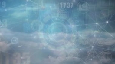 Animation of network of connections with data processing and scope scaning over sky with clouds. Global technology, connections and digital interface concept digitally generated video.