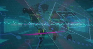 Finansal veri işleme animasyonu ve değişen numaralar dünya haritasında mavi arka planla karşılaştırılıyor. Küresel ağ ve iş teknolojisi kavramı