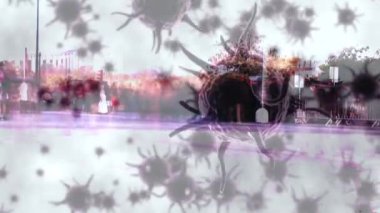 Animation of virus cells over timelapse with walking people. Health and covid 19 pandemic concept digitally generated video.