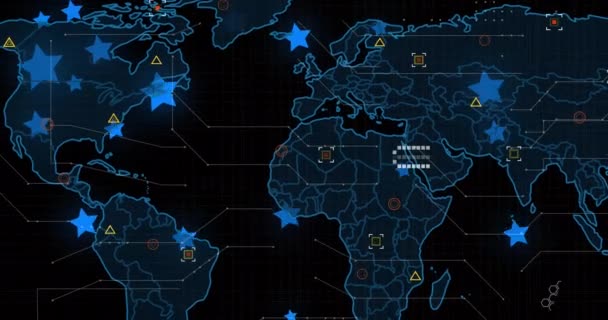 Digital Animation Blue Star Icons Data Processing World Map Black — Stock video