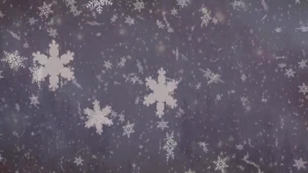 Beyaz Parçacıkların Kar Tanelerinin Animasyonu Mor Arkaplana Karşı Fotokopi Alanıyla — Stok video