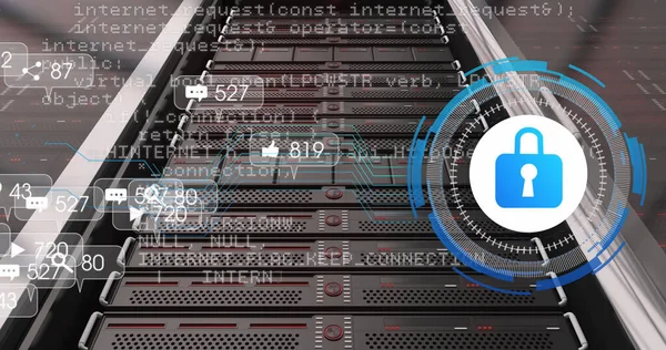 Image of media and padlock icons over server room. Global technology and digital interface concept digitally generated image
